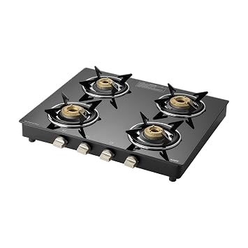 KAFF CTC 63 4B Gas Stove/Cooktop 4 Burners with Manual Ignition 63 CM, High Efficiency Brass Burners, Black Tempered Glass, Enamelled Pan Support (Black)