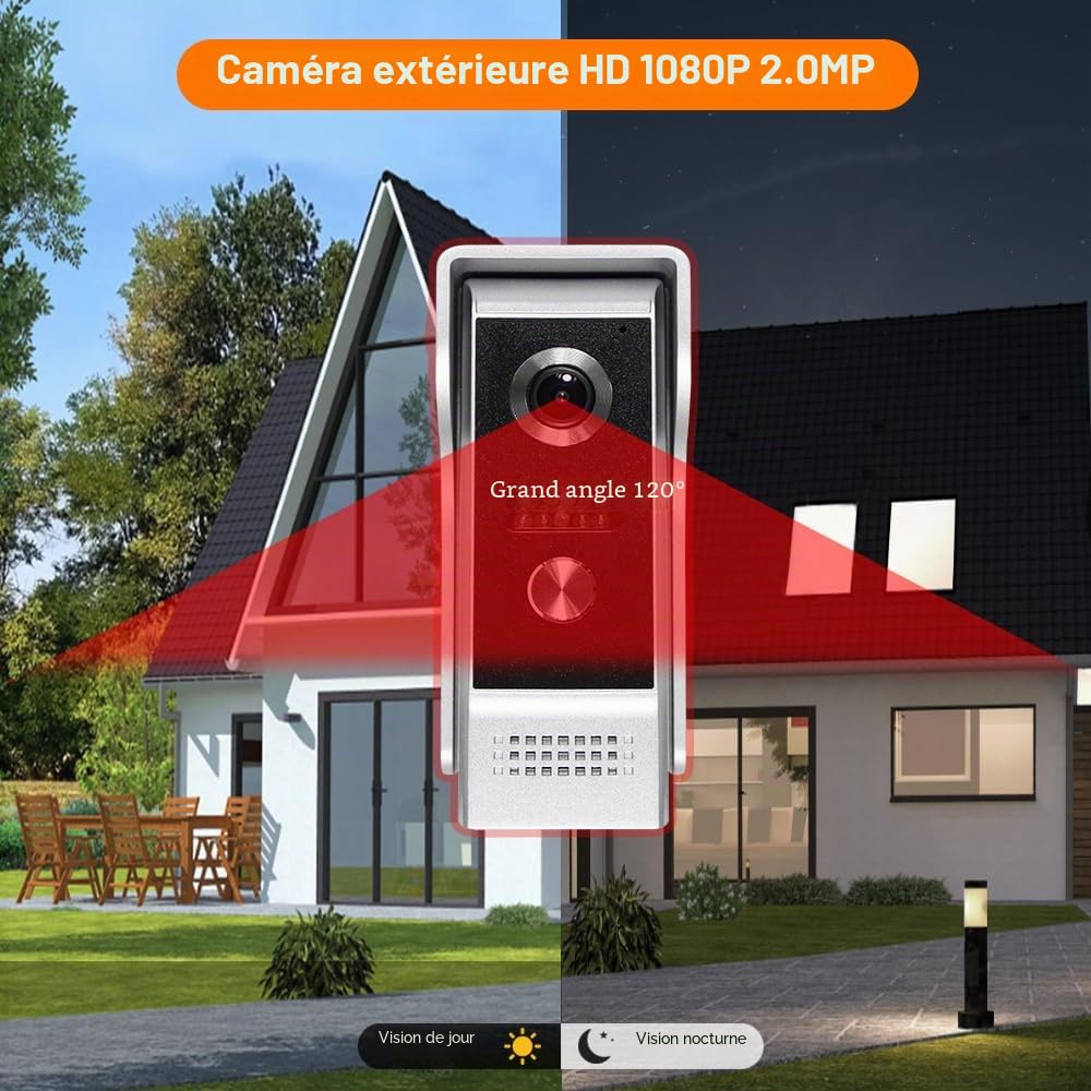 Téléphone de Porte Vidéo du Système d'intercom WiFi 1080P HD Sonnerie Vidéo de Caméra avec 2 Moniteurs 7 Pouces, Vision Nocturne IR, Audio Bidirectionnel, Enregistrement, APP Tuya