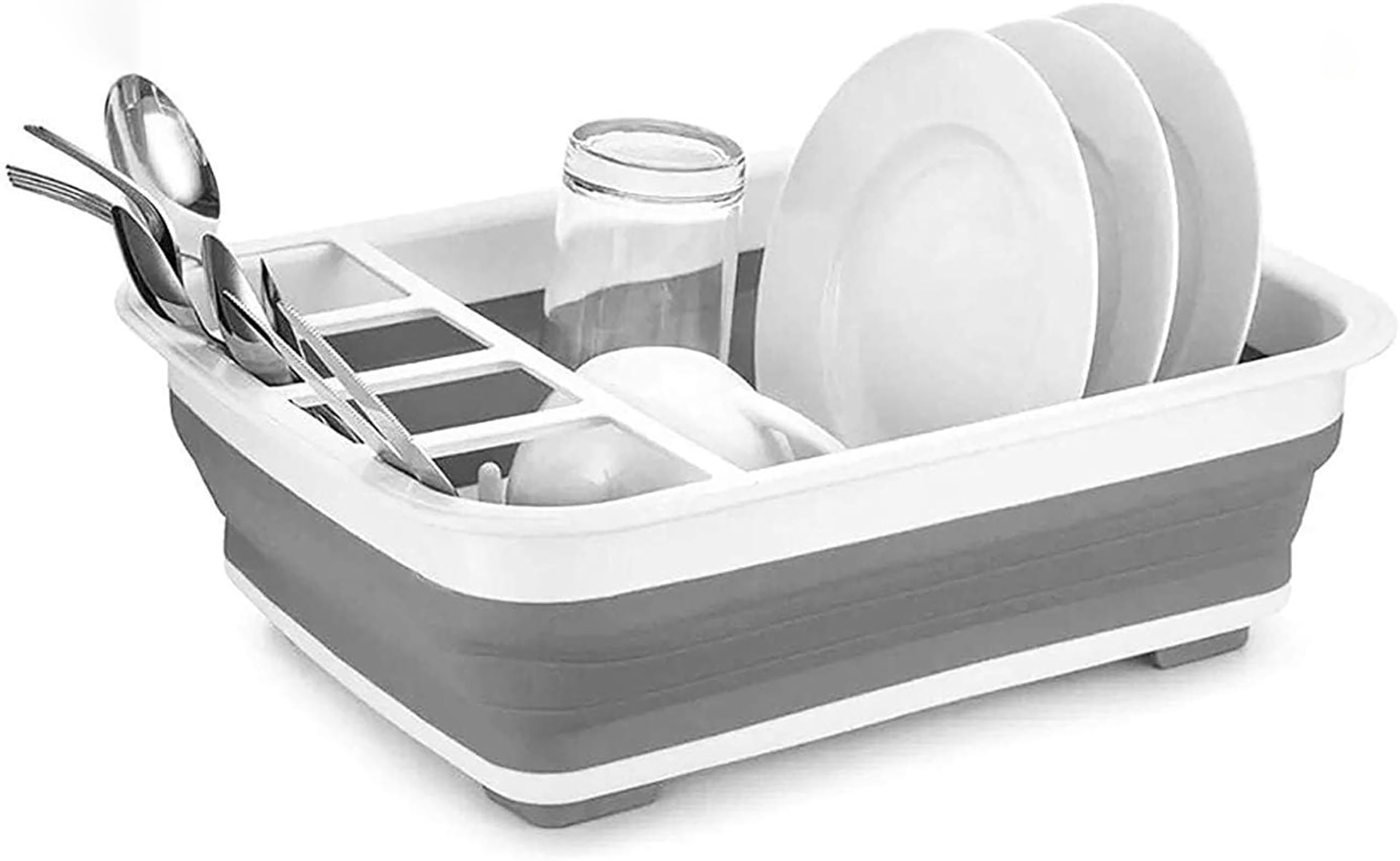 Floraware Collapsible Dish Drying Rack, Folding Dishes Rack with Drainer for 8 Large Plates, Kitchen Accessories Storage Organizer, White and Grey