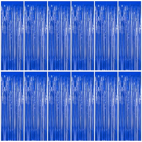 Image of ZATAYE 12 Pack Dark Blue Foil Curtain Streamer Decorations | Dark blue, Metallic Foil, 3.28 x 7.05 FT, Tinsel Backdrop, Foil Curtain Streamer, Party Decorations