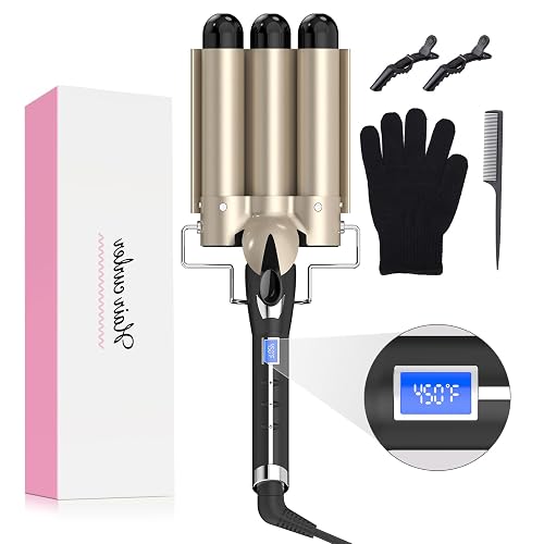 Hair Waver 1 1/4 Inch Crimper for Large Loose Waves, AIMERVO 3 Barrel Curling Iron 1.25', 15 Heat Settings 170-450°F for