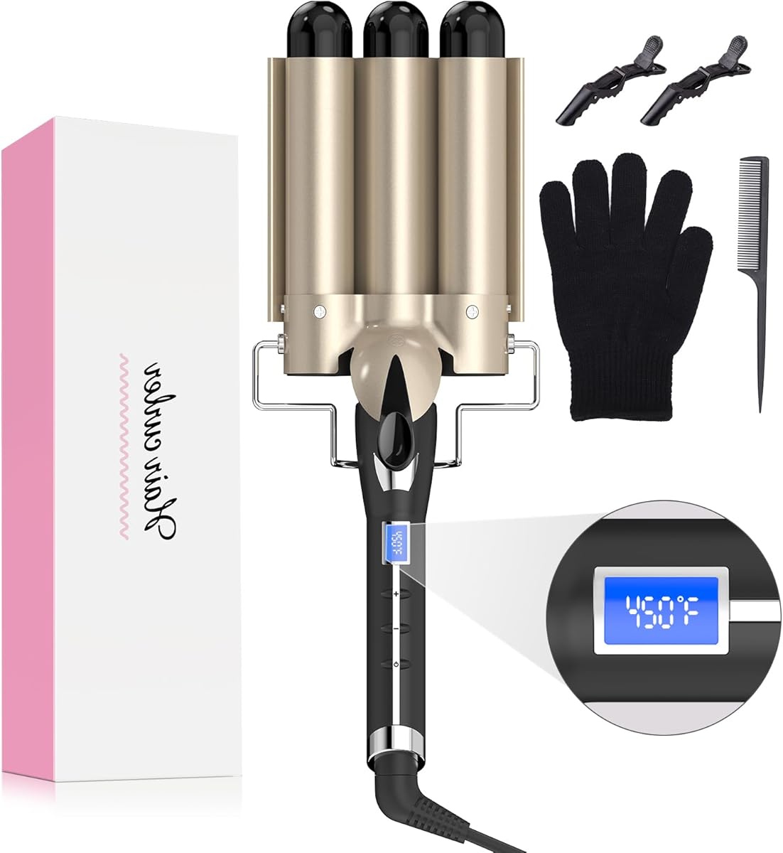 Hair Waver 1 1/4 Inch Crimper for Large Loose Waves, AIMERVO 3 Barrel Curling Iron 1.25", 15 Heat Settings 170-450°F for All Hair Types, Ceramic Jumbo Curling Wand, Dual Voltage, for Mid to Long Hair