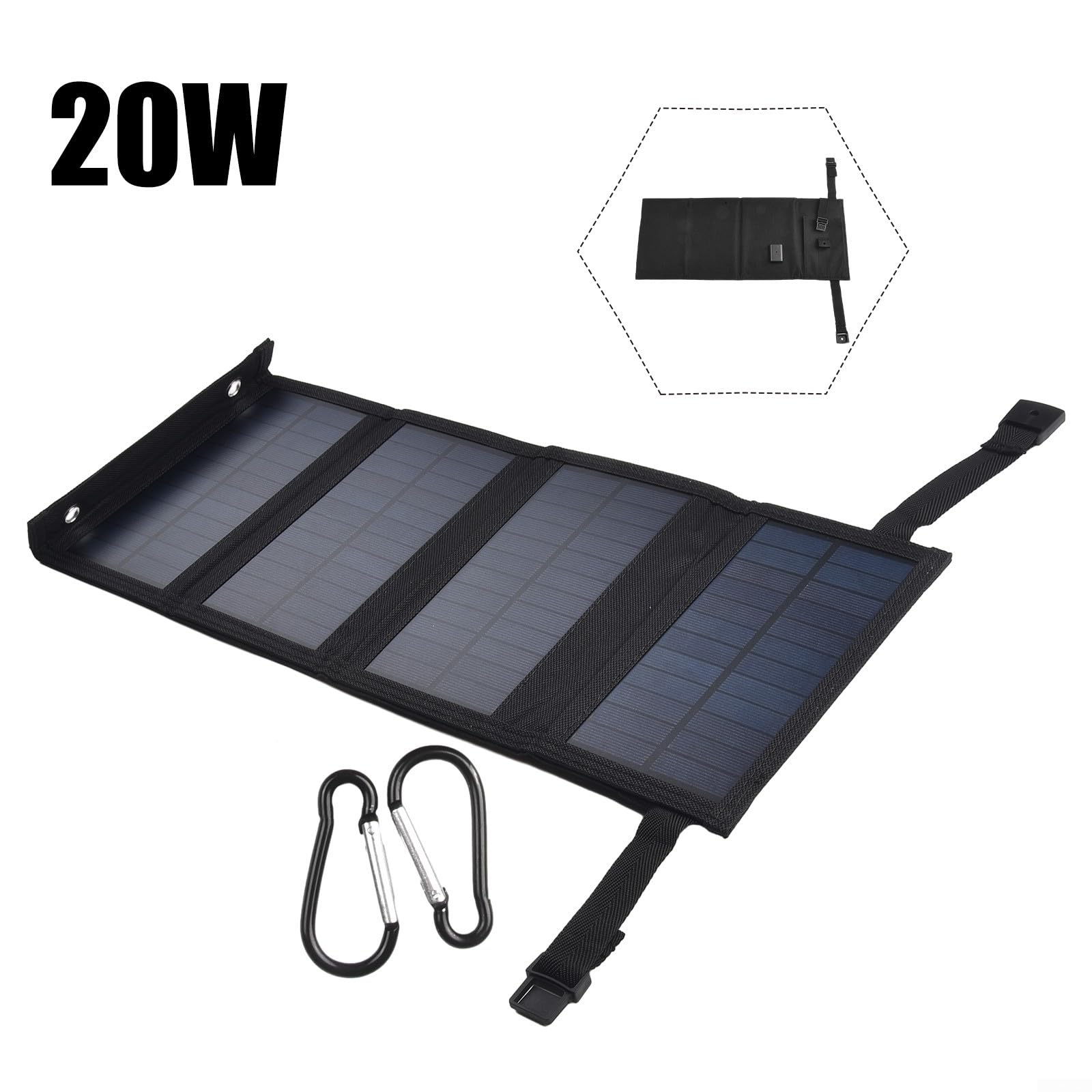 Panel solar, 20W 5V Plegable USB Cargador solar portátil con mosquetón, Energía móvil al aire libre Carga de batería para Camping Senderismo (negro)