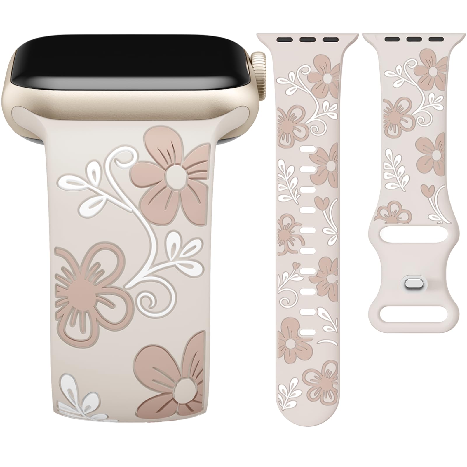 Witzon Floral Band Compatible with Apple Watch Bands For Women 40mm 41mm 38mm 42mm 44mm 45mm 46mm 49mm, Engraved Cute Flower Silicone Dressy Strap for iWatch Series 11 10 9 8 7 6 5 4 3 2 SE Ultra
