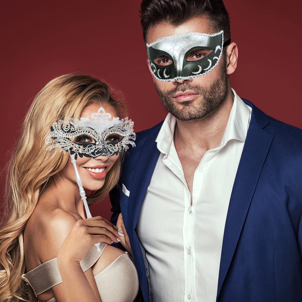 Coddsmz Couple Masquerade Mask with Holding Stick Venetian Halloween Costume Mask Mardi Gras Mask Cosplay Party Costume Mask - Image 2
