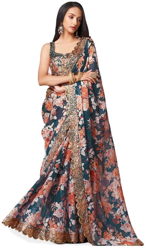 Ready to Wear Sister Wedding Wear Sari South Indian Women's Worked Saree with Stylish Blouse