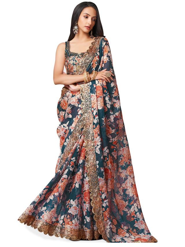 stylishfashionReady to Wear Sister Wedding Wear Sari South Indian Women's Worked Saree with Stylish Blouse