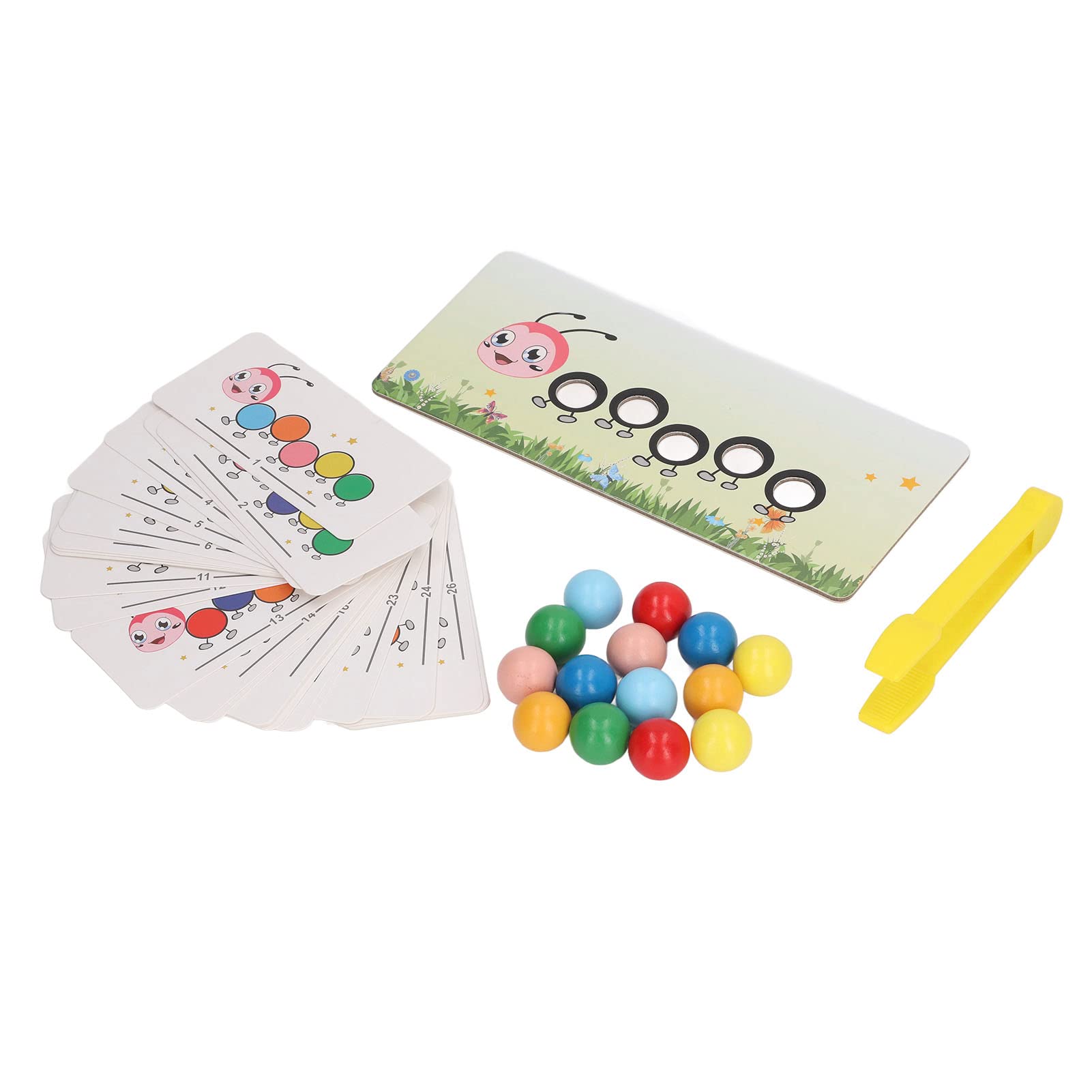 Jouet de Perles à Clip de Chenille en Bois, Exercice de Coordination œil-Main, tri des Couleurs avec Cartes de Pratique et boîte de Rangement pour Enfants
