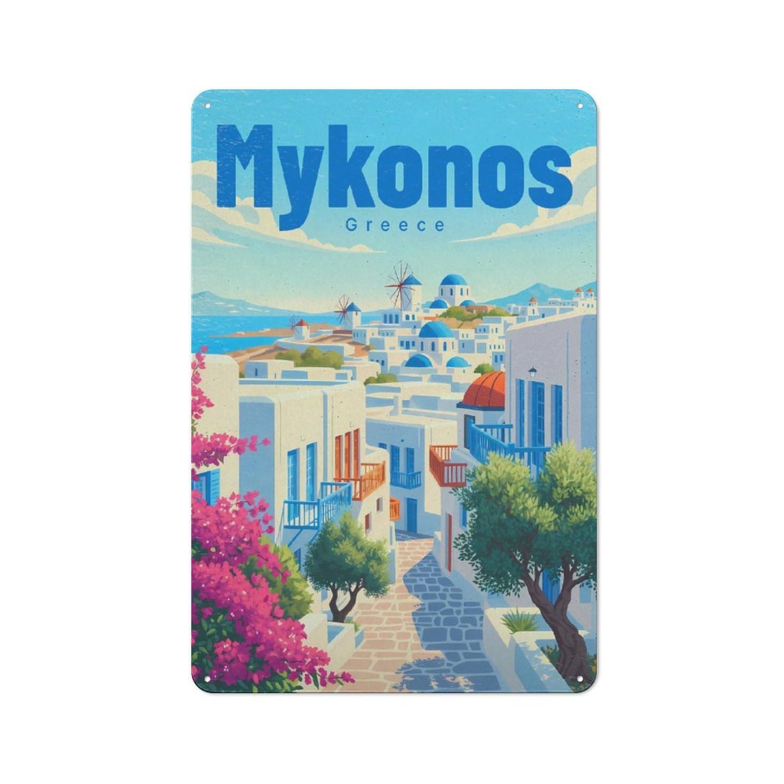 Junmoney Style-18 Golden Dusk Over Mykonos Retro Metal Wall Sign 30X20cm For Living Room Or Hallway, For Collectors Decorating Living Rooms And Hallways