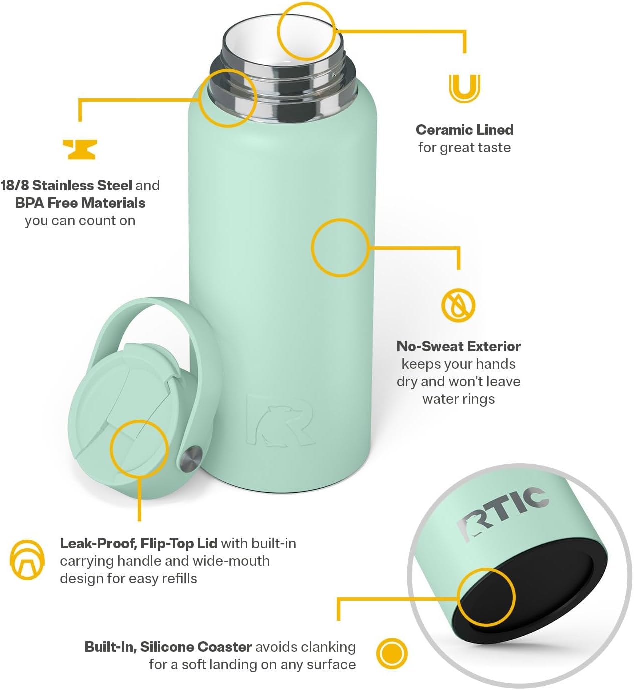 RTIC 32oz Outback Water Bottle, Ceramic Lined, Insulated, Stainless Steel, Double Wall Vacuum-Insulation, Leak-Proof Lid, BPA-Free Water Flask Hiking, Running, Sports, Outdoor, Fresh Mint - Image 3