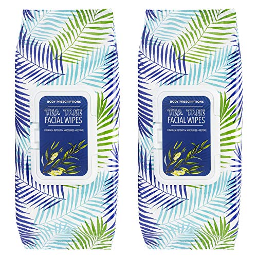 Body Prescriptions 2 Pack (60 Count Each) Tea Tree Facial Cleansing and Make Up Remover Wipes – Flip Top Pack