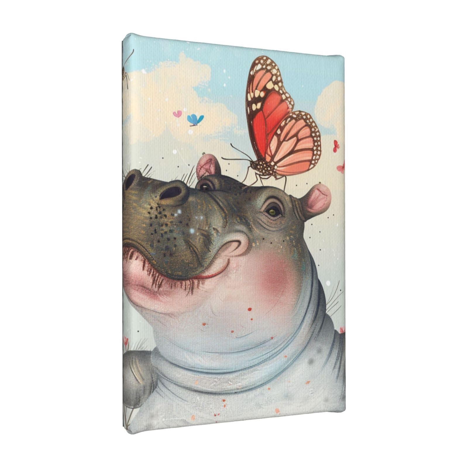 YKLJG Butterfly and hippo Printed Wall Art Canvas Painting 20x30 CM Wooden Framed Picture Painting Artwork Prints for Bedroom Kitchen Home Office Decor