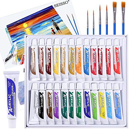 Acrylic Paint Set 24 Color Pigment with 6 Art Brushes Quick Dry & Non-Toxic Rich Pigment Colors for Painting Canvas, Crafts, Ceramic. Expert Acrylic Paint Great for Beginner Professional Artist