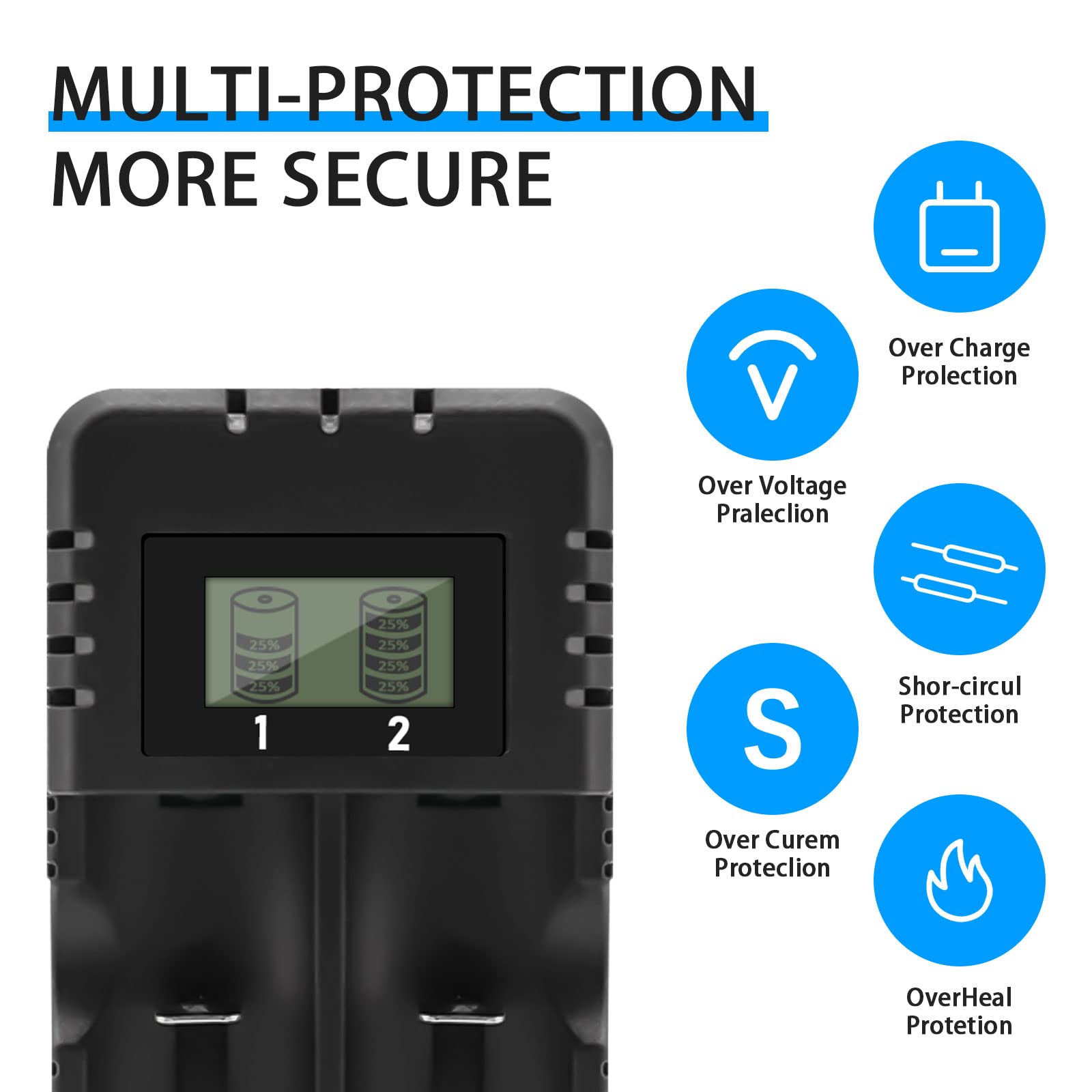 Chargeur de Batterie Chargeur de Batterie au Li-ION à LCD Affichage Charge Rapide Intelligente Tête à 2 Fentes Compatible avec Une variété de Batteries Li-ION 3,7 V 26650/18650/14500/16340
