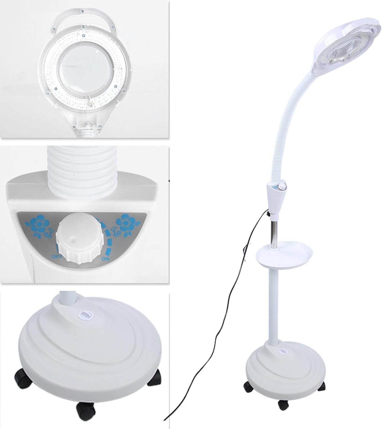 Lupa ajustable 8x, luz fría LED, lupa móvil, altura, lámpara de pie, tatuaje, luz de belleza, uso en salón, interruptor de perilla, base elegante y conveniente(EU Plug 220V)