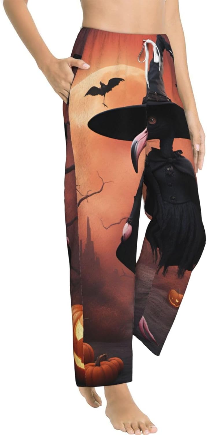 Halloween Flamingo Witch Hat Print Women'S Flannel Pajama Pants,Soft Warm Pajama Bottoms,Perfect For Holiday Lounging