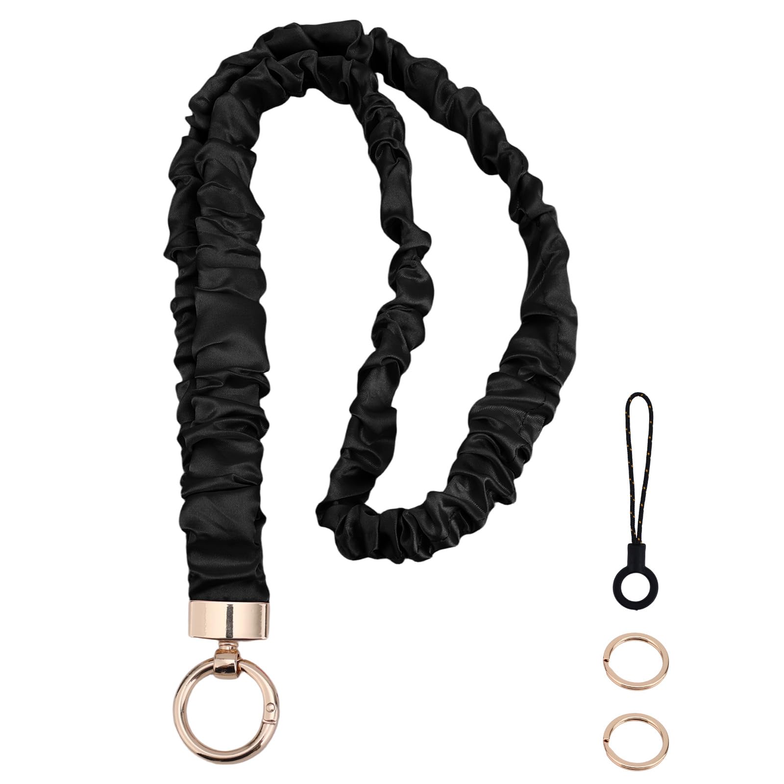 Fukaisu Stretchy Scrunchie Lanyard, Cute Neck Scrunchy Lanyards with 2 Rings and 1 Mobile Phone Strap for ID Badges Keys Bungee Elastic Breakaway Keychain Holder for Women Teacher (Black)