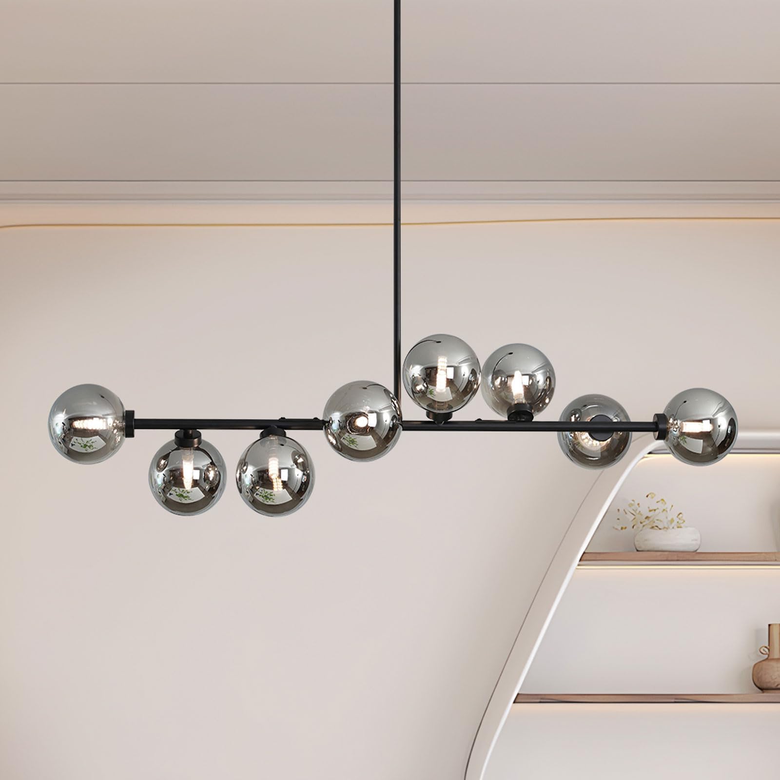 Sputnik Chandelier for Dining Room, 8 Lights Linear Bubble Chandelier with Grey Glass Lampshade, Mid Century Globe Pendant Lights, Kitchen Chandelier Over Table - Black