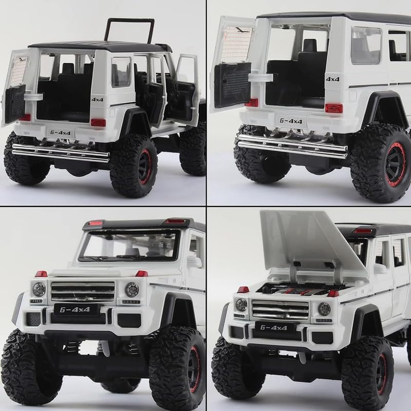 Image of Kids Model 1:32 AMG 4X4 Die Cast Metal Car Pull Back Action Opening Doors with Realistic Engine Sound Lights Toy Car Gift for Boys - White