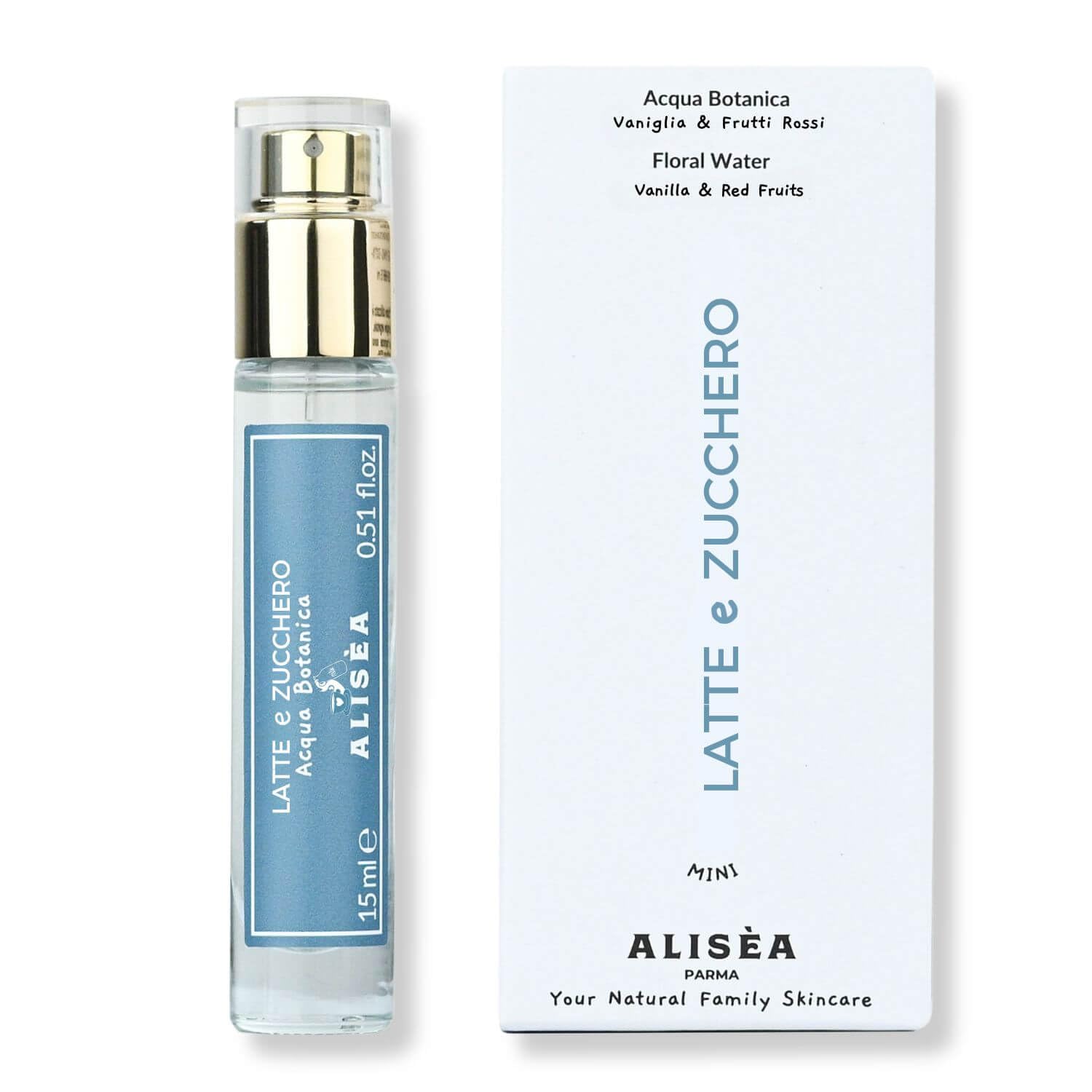 Alisea Parma Mini Acqua Botanica LATTE E ZUCCHERO con Vaniglia e Frutti Rossi. Adatta alla pelle sensibile dei bambini. 15ml.