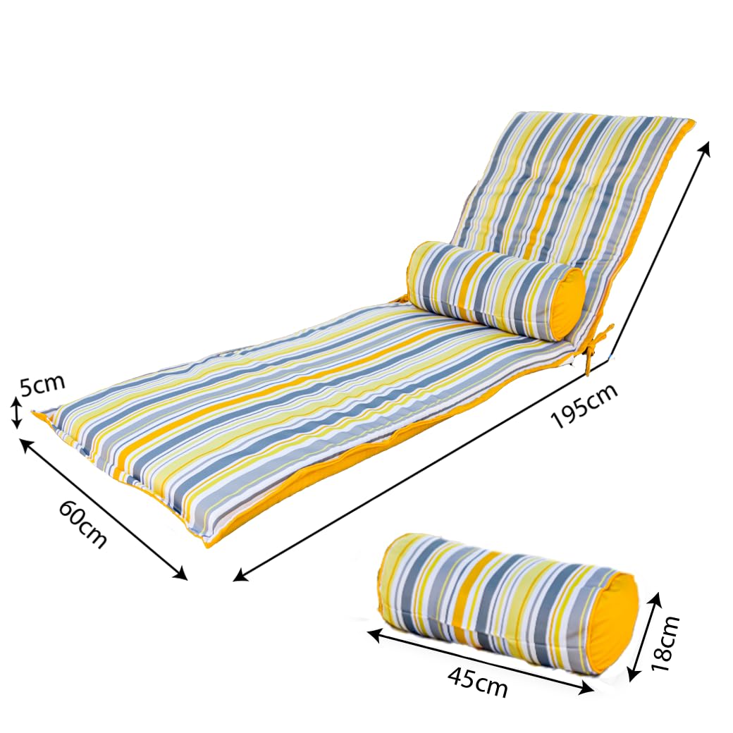 Lot de 2 Coussins pour Chaise Longue & Transat 195/60cm + 2 Traversin - AntiUV et Imperméable - Motif Rayures Solaires