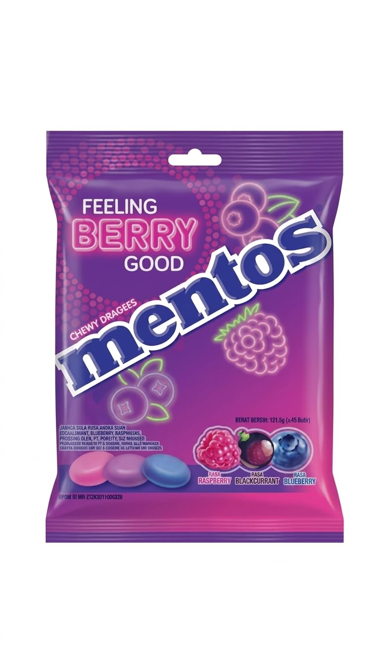 Mentos Feeling Berry Good Chewy Dragees - Mixed Berry Flavor (Raspberry, Blackcurrant, Blueberry) - By febora foods, 121.5g Pouch-image-8