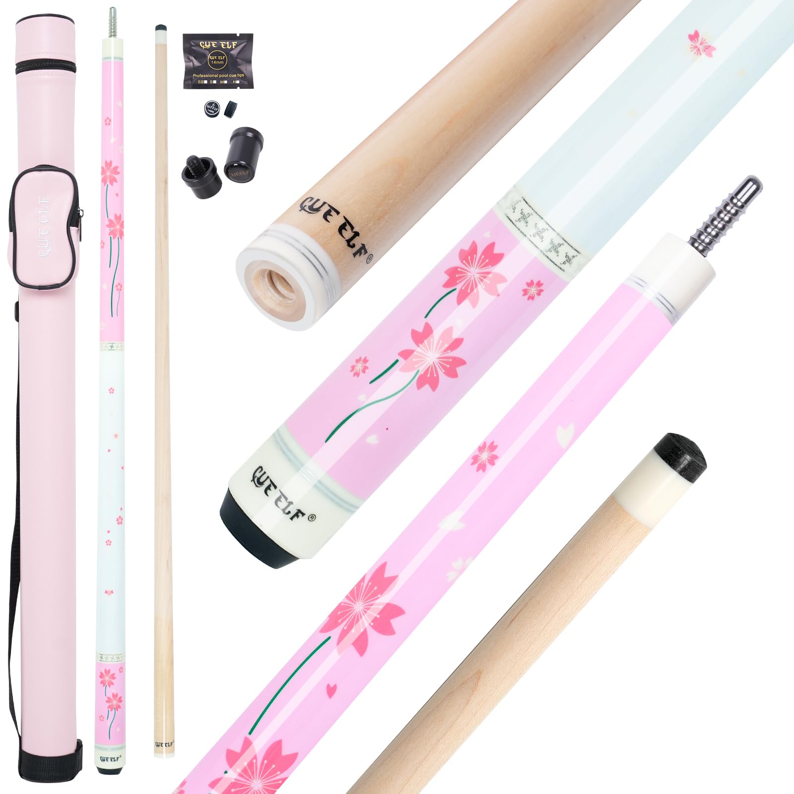 CUEELF Pink Pool Cue Stick 58inches Canadian Maple Billiard Cue Sticks Professional Pool Stick Gifts for Women and Ladies (Pink Flower, 20 oz)