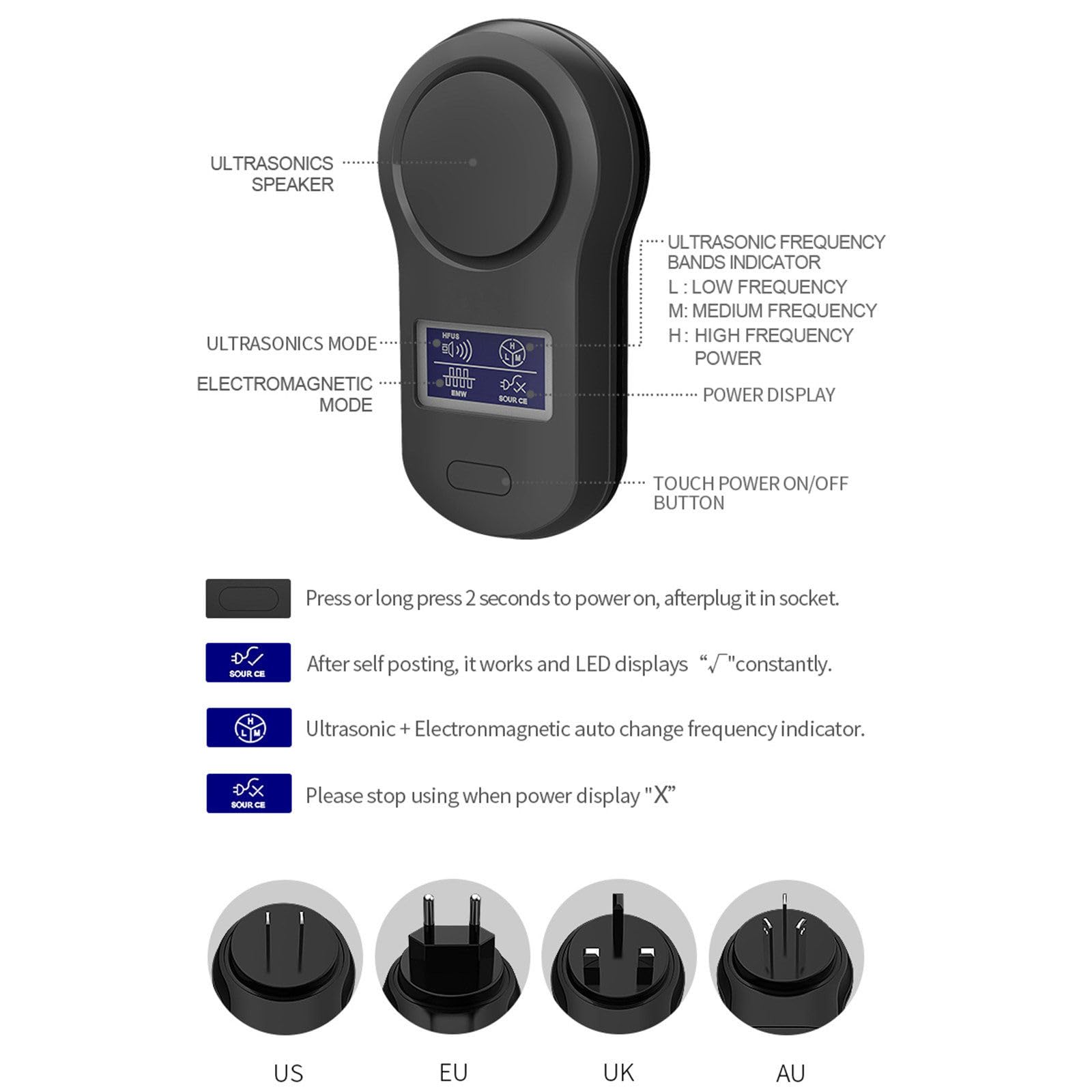2szt, Plug-in Ultradźwiękowy środek odstraszający myszy, aby odstraszyć myszy/gryzonie/pająki do kuchni/sypialni/biura,Black