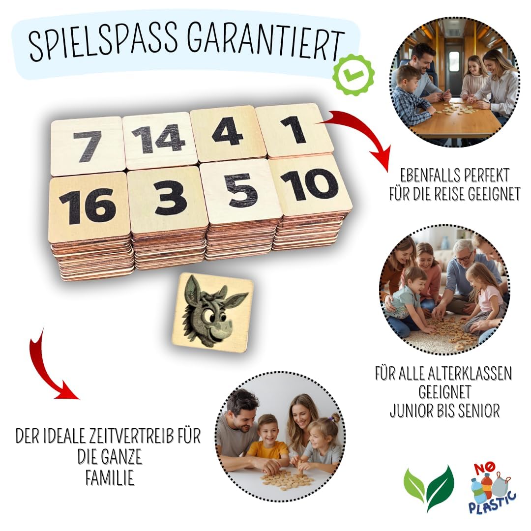 Mutou Das Eselspiel 2.0 ECKIG – Volle Zahlen – 121 Teile aus Holz mit Stoffbeutel – Handgefertigtes Familienspiel - Lernspiel - Geschenk - Partyspiel - Gesselschaftsspiel - Reisespiel