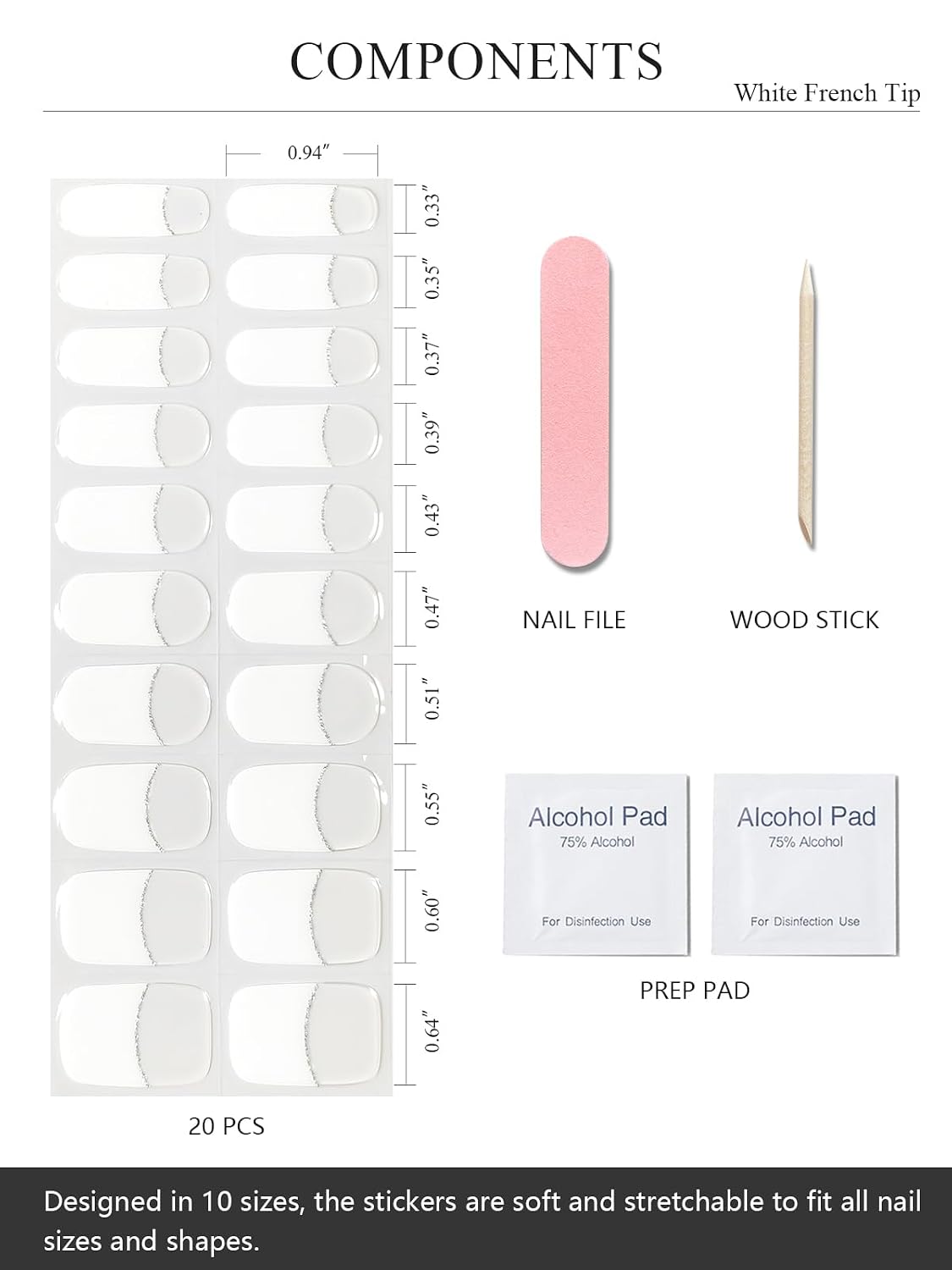 AutyaMee Semi Cured Gel Nail Strips (A White French Tip), Clear Base, 20 Pcs Gel Nail Wraps, Stickers, UV Light Required, Salon Quality, Long Lasting