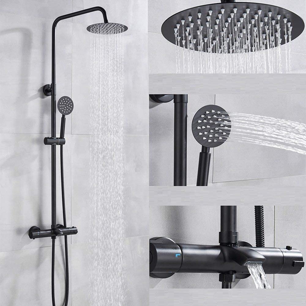 Colonne de douche thermostatique noir mat avec mitigeur baignoire pluie