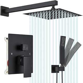 Black Shower System - 10" Rain Shower Head & Handheld Combo, Complete Shower Faucet Set with Rough-in Brass Valve & Trim (All-in-One Bathroom Kit)