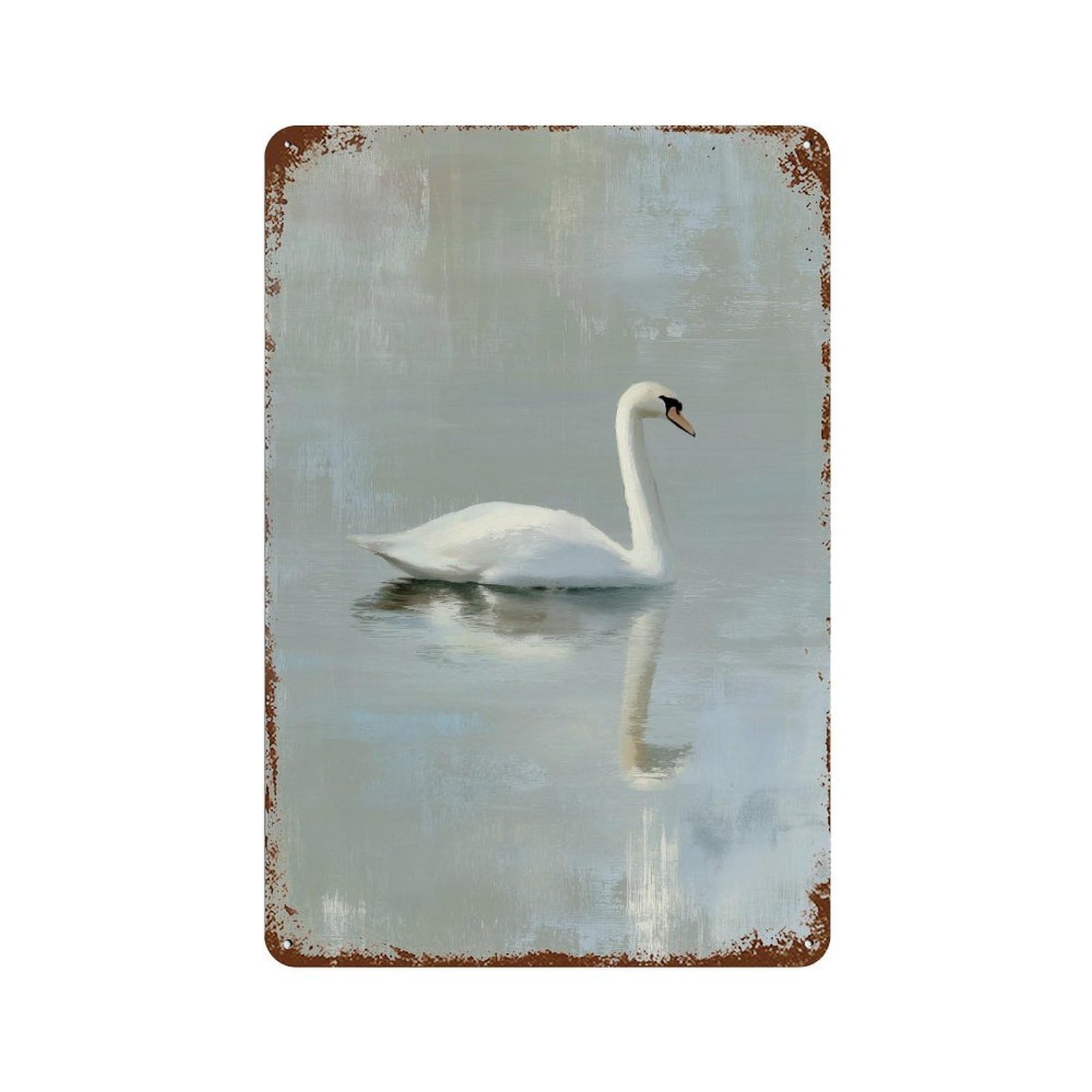 Rust Effect Swan Reflections on Water Aged Metal Wall Plaque 11.8"x7.9", Classic Wall Plaque for Basement, Hobby Room And Garage Decor