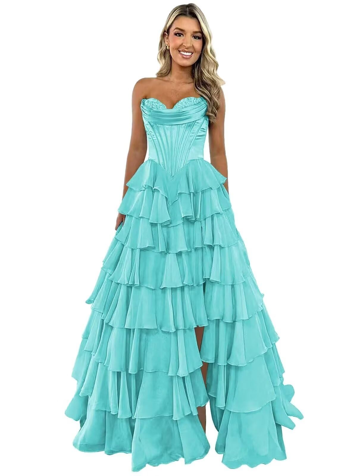 GATMAHE Tulle Floral Prom Dresses for Teens 2025 Tiererd Long Ball Gown Strapless Sweetheart Formal Evening Gowns with Slit