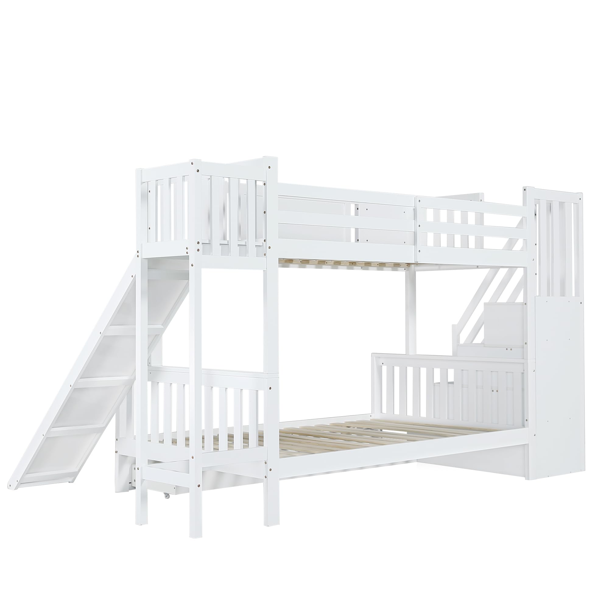 Etagenbett, Kinderbett Mit Fenster, Schubladen mit Rollen, Treppen mit Handlauf