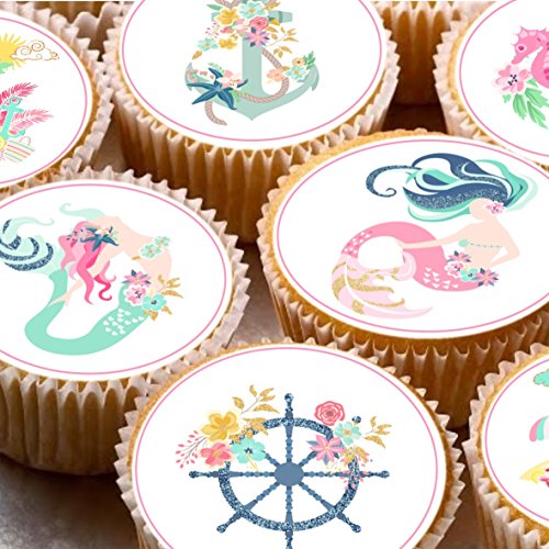 24 ND3 Patel de sirena bajo el mar tema nortical Cupcake de hada de tartas 4 cm en la oblea papel de arroz