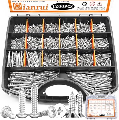 Dianrui 1200 PCS Wood Screws Assortment Kit, Assorted Stainless Steel Screws M3/M4/M5/M6, ‌Phillips Drive Sheet Metal Self Tapping Screw Set Marine Grade (Round & Flat Head Screw) Length 1/4" to 2"