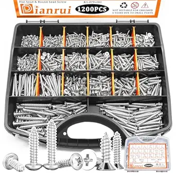 Dianrui 1200 PCS Wood Screws Assortment Kit, Assorted Stainless Steel Screws M3/M4/M5/M6, ‌Phillips Drive Sheet Metal Self Tapping Screw Set Marine Grade (Round & Flat Head Screw) Length 1/4" to 2"