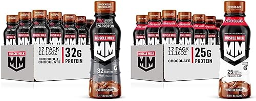 Muscle Milk Pro Advanced Nutrition - Batido de proteínas, chocolate Knockout, 11.16 onzas líquidas (paquete de 12) y Muscle Milk Genuine Protein