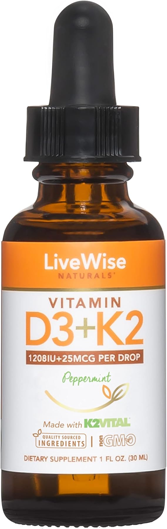 Vitamin D3 with K2 Liquid Drops, All Natural, Non GMO, 1208IU D3 and 25mcg K2 (MK7