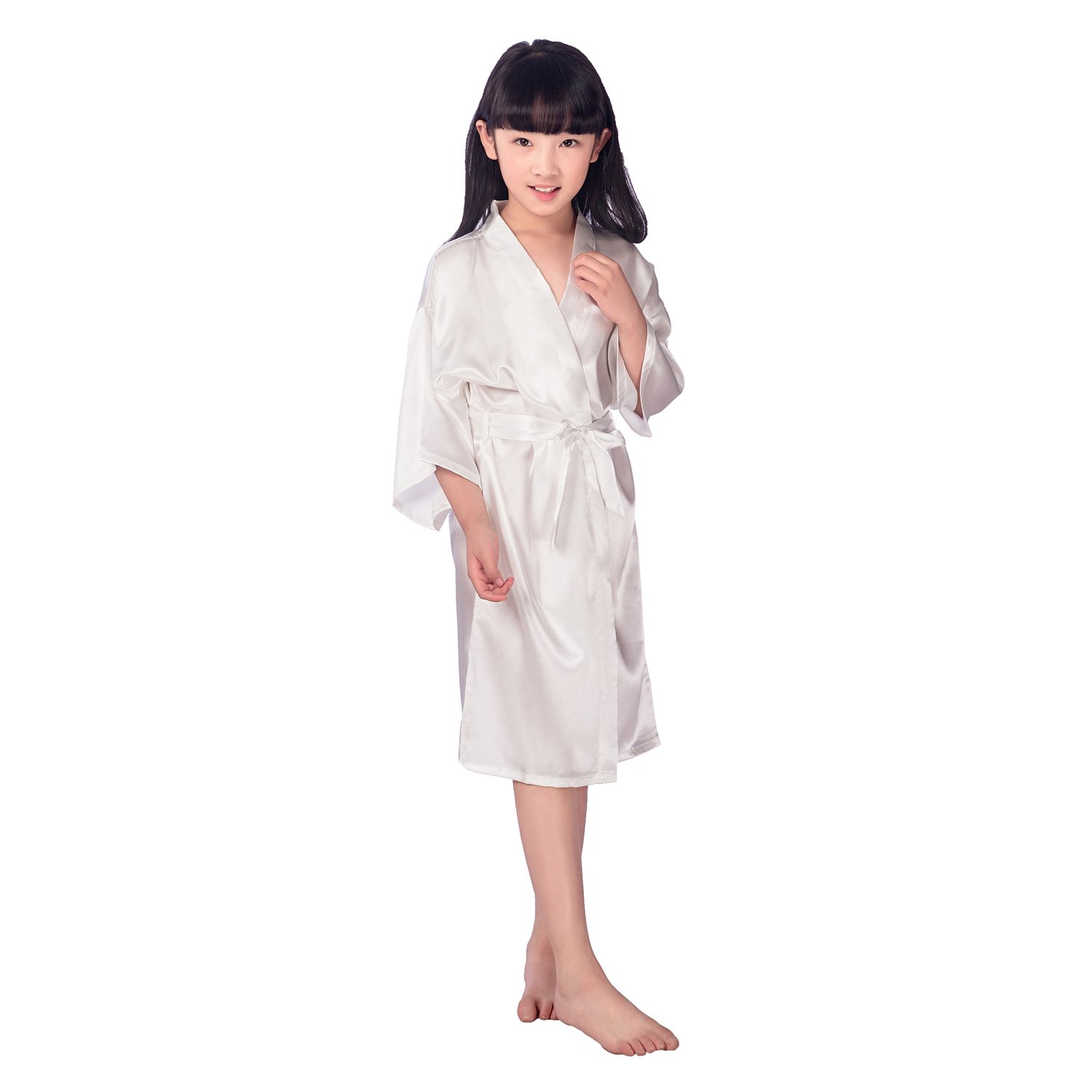 CuteOnKids Girls Satin Silk Kimono Robe Dressing Gown Bathrobe Nightwear for Spa Wedding Birthday Party Dress