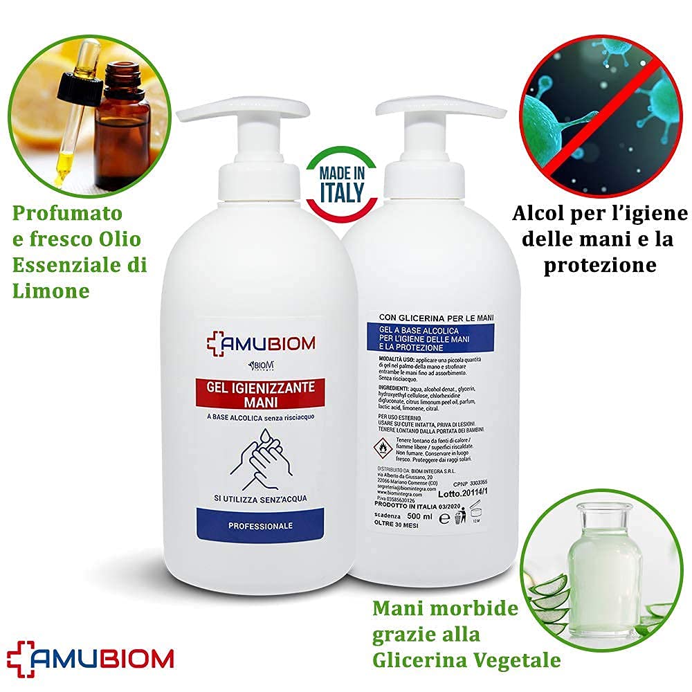 BioM Laboratorio della Natura - Gel Igienizzante Mani con 70% Alcool, Glicerina e Profumo di Limone - Antibatterico Senza Risciacquo, Idratante e Veloce Asciugatura - 2x500ml