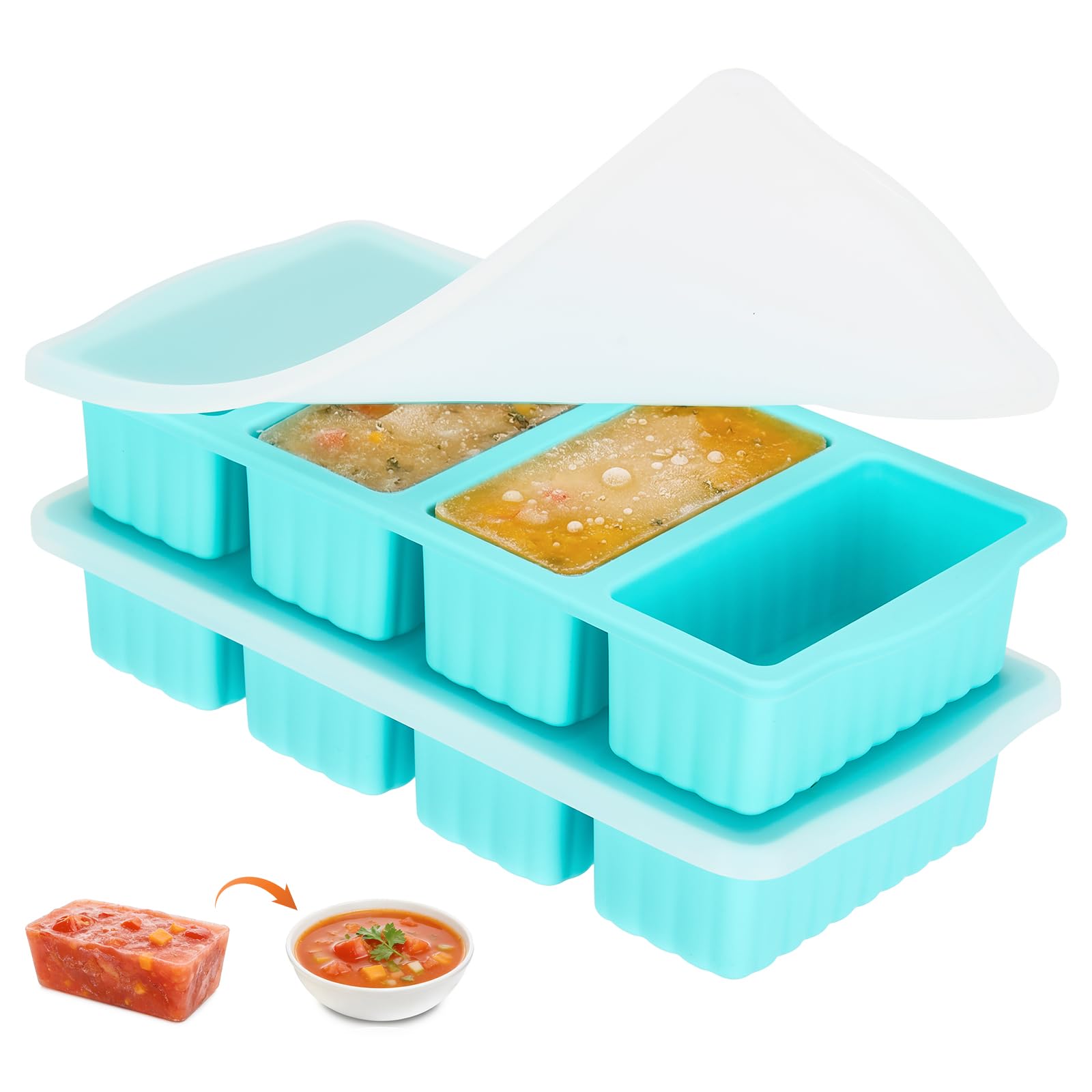 2 Pack Silicone Freezer Moulds Batch Cooking for Soup Ice Cubes,1-Cup Soup Freezer Molds with Lid for Meal Prep, Makes 8 1-Cup Soup Portion Freeze Trays for Storing 250mL/125mL Broth, Soup, Leftovers