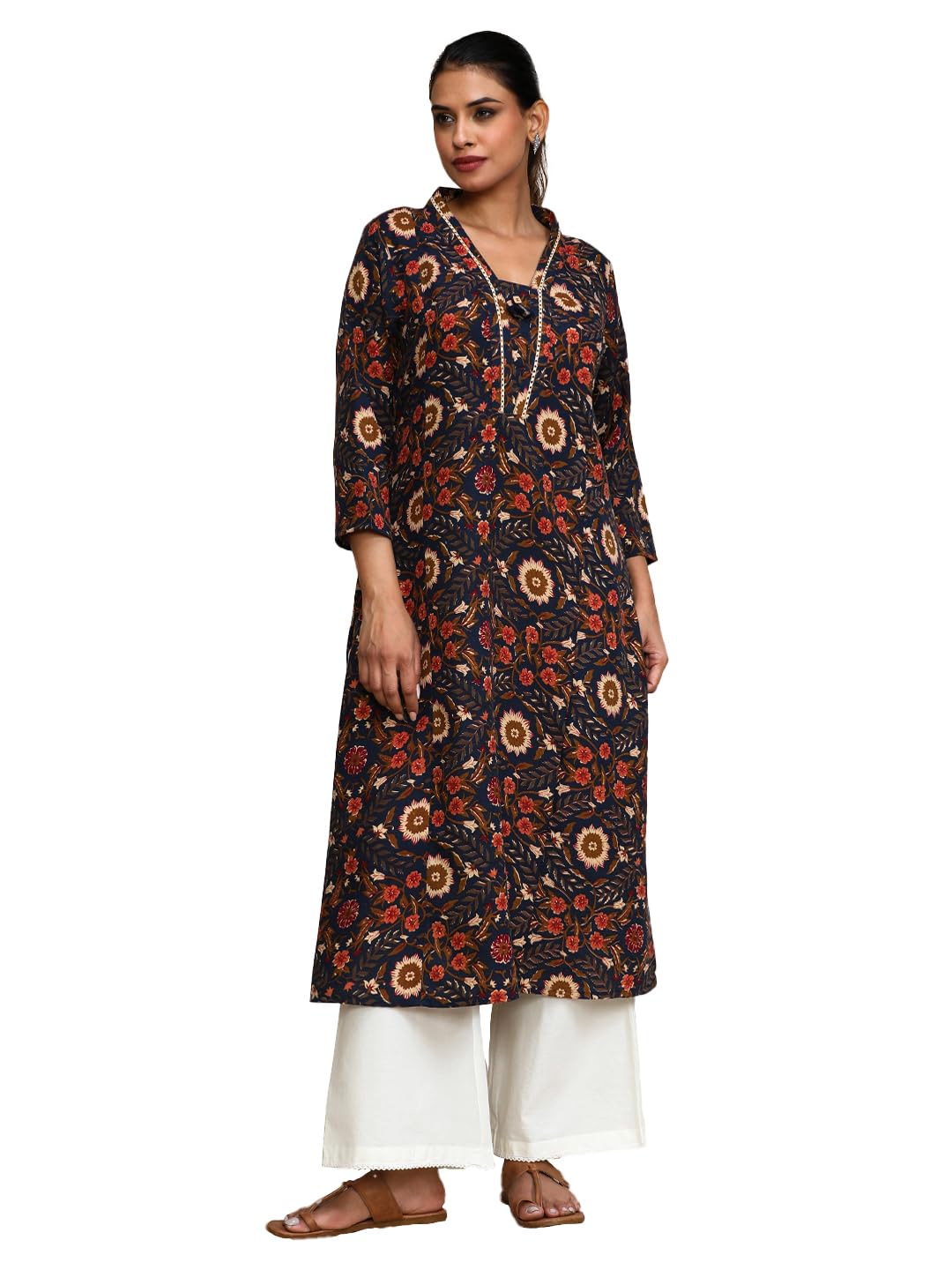 Varanga Women Ethnic Jaipuri Printed V Neck A-Line Kurta Blue