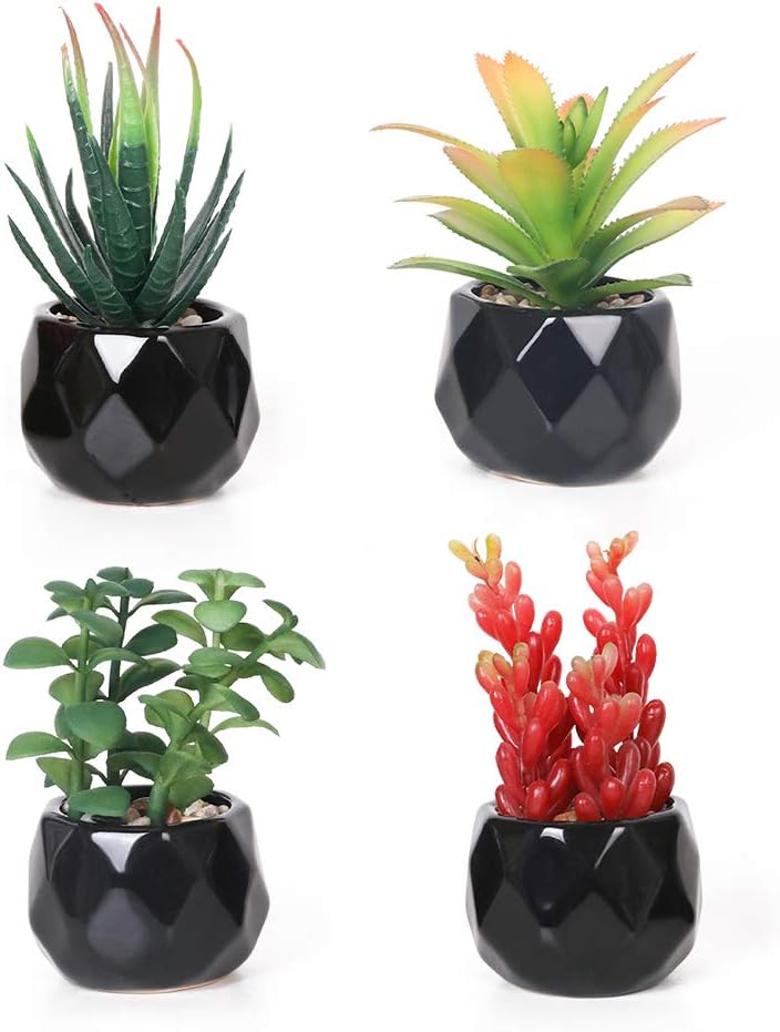Veryhome Fake Succulent Plants Artificial Faux Succulents Mini Potted Plastic Succulents for Home Office Room Deco (Black Geometric Potted - 4pcs)