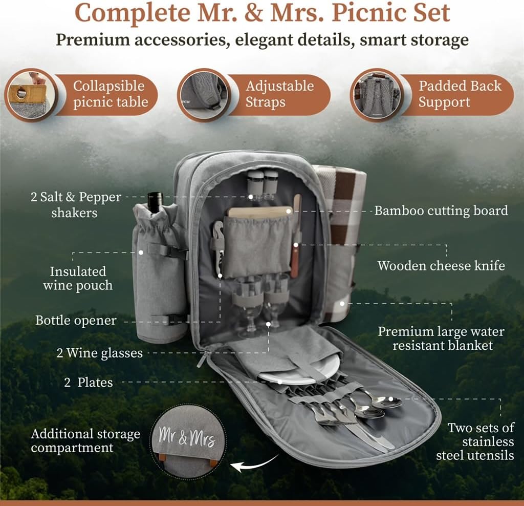 Insulated Picnic Backpack for Couples with Collapsible Bamboo Table – Waterproof Blanket, Wine Glass Holder, Stainless Steel Utensils – Wedding, Engagement, Anniversary, Bridal Gift for 2