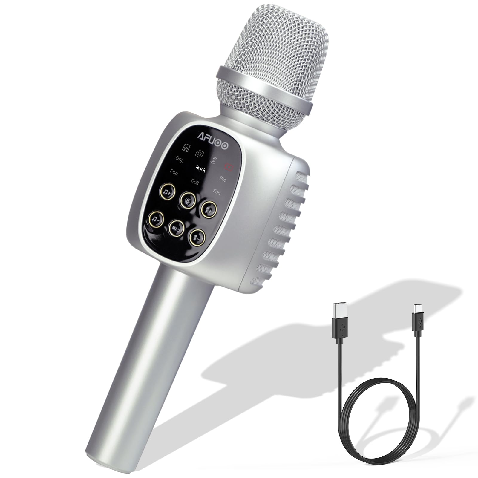 Wireless Bluetooth Karaoke Microphone Speaker for Adults Kids, Wireless Mic with Stereo Speaker for Smartphone,Tablet, Duet Mode Bluetooth Karaoke Mic for Singing Speech Party, Silver, No Base