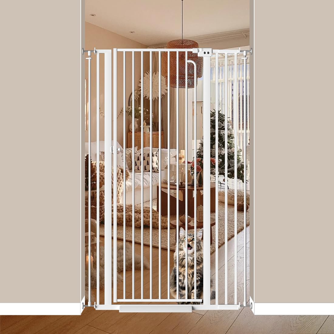 57" extra tall cat gate for doorways, 33.86'' - 38.58'' wide high pressure mounted dog gate, tall pet gates for doorways no drilling, auto close safety baby gates for dogs cats(white)
