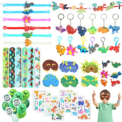 JOYUE 63PCS Dinosaure Party Jouet, Dinosaure Masque, Porte Clés, Bague, Bracelet, Bracelets Slap, Dinosaure Tatouage, Dinosaure Bannière et Ballons, Pinata Fillers, Cadeau d'anniversaire Garçon