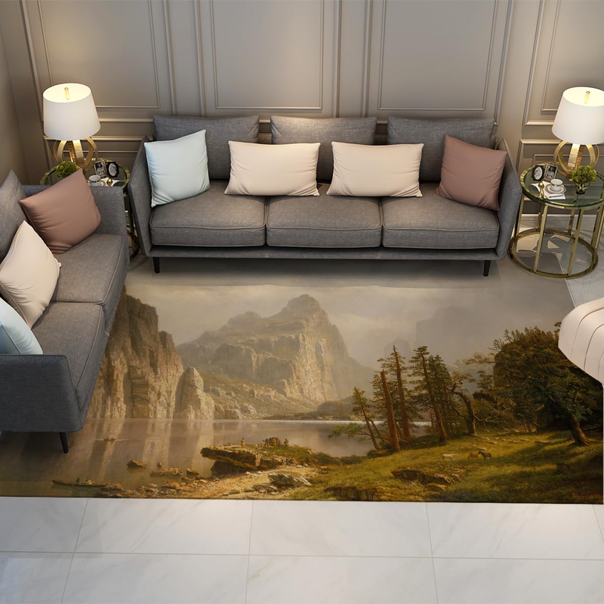 Tapis doux à poils courts motif vallée et montagnes haute définition